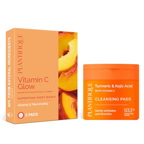 PLANTIFIQUE Almohadillas Exfoliantes con Cúrcuma - Rejuvenecimiento y Limpieza Facial - 60 piezas & Mascarilla Facial Coreana - Hidratante y Rejuvenecedora - 5 Unidades