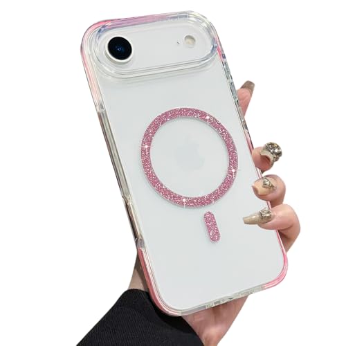 Image of VONZEE Back Cover Case Compatible with iPhone 17 Air 6.6'' Case Glitter Ring Cute Shiny Colorful Bling Case (Compatible with Magsafe) Transparent PC+TPU Glossy Shiny Cover for Girls Women,Pink