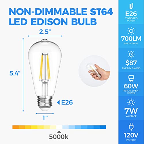 Omibrite Edison Led Light Bulbs, Vintage Bright Light Bulbs 60 Watt Equivalent, Non-Dimmable Incandescent Daylight Bulbs, Bright Daylight 5000K, Cri 90 Eye Protection, E26/E27 Base, St64 (6 Pack) #TOP1