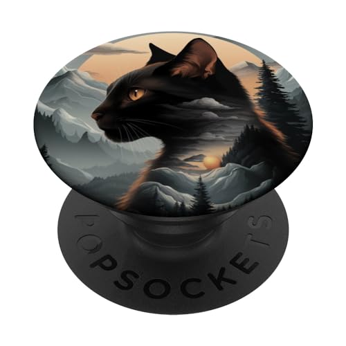 PopSockets PopGrip Adhésif, Chat et montagne, silhouette de chat marron, Compatible avec les téléphones portables (sauf ceux avec charge sans fil), Poignée de disque...