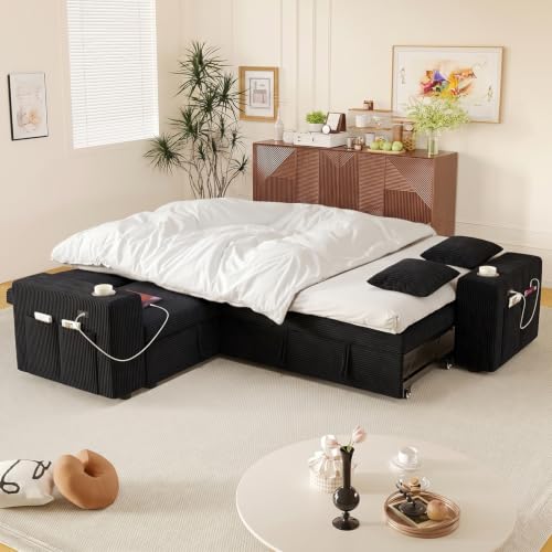 Image of Modular Sectional Sleeper Sofa with Pull Out Bed, 84 Inch L Shaped 5 Seat Couches for Living Room, Chenille Fabric Cloud Couch Bed with Storage, Reclining Backrest, USB Charging, Corduroy