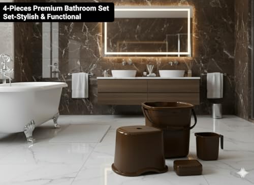 Image of MODWARE Bathroom Set, Pack of 4, Bucket, Mug, Soap Case, Stool, 20L, Polypropylene (Brown)