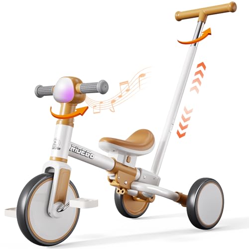 Ridego - Triciclo 5 en 1 para niños de 2 a 5 años, bicicleta de equilibrio para niños y niños pequeños con asa para padres, luz de música RGB, regalo de cumpleaños de montaje sin herramientas para