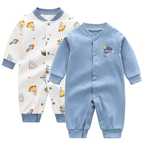 Newborn Baby Boys 2 Pack Cotton Romper Outfits Infant Long Sleeve One-Piece Toddler Button Jumpsuits