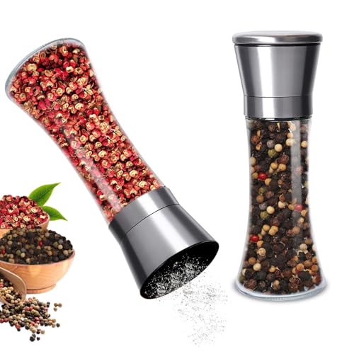 Gucass 2 PCS Salzmühle und Pfeffermühle, Gewürzmühlen Set mit Verstellbar Keramikmahlwerk, Pfeffer und Pfeffermühle Auch als Chilimühle, 200ML Manuell Salt and Pepper Grinder für Verschiedene Gewürze