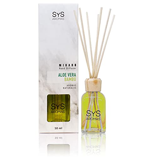 SYS Aromas Ambientador Mikado Aloe Vera y Bambú - Difusor con 8 Varillas de Ratán - Larga Duración - Marmol Collection - Ideal para Hogar, Oficina, Baño - 50 ml