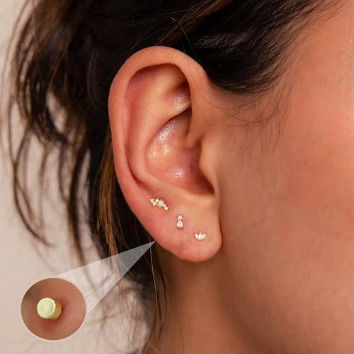 Flat Back Earrings for Women, 14K Gold Plated Cartilage FlatBack Stud Earrings Set Hypoallergenic Gold Earring Stacks Trendy Dainty Conch Tragus Helix Piercing Jewelry for Women 6PCS4