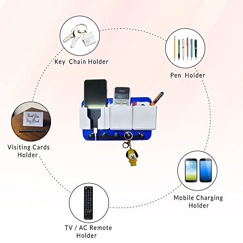 Image of Rainbow Dots ABS Remote Holder with Stainless Steel Key Hooks & Mobile Stand - Modern Wall Mount Organizer for Living Room, Entryway & Office (Blue White)