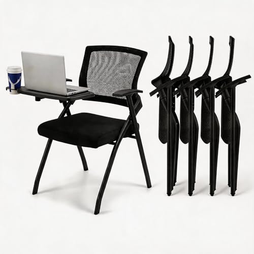 Image of Professional Folding Training Chairs with Desk Attached, Office Meeting Desk Chair with Writing Tablet and Cup Holder, Space-Saving Nesting Chairs for Conference room ,School, Seminar, Classroom