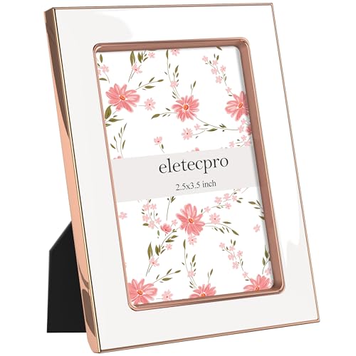 Image of eletecpro 2.5x3.5 Enamel Picture Frame with Real Glass Cover, Small Photo Frame with Rose Gold Metal Edge Display Pictures 2.5 by 3.5 for Tabletop and Wall Decor, White, 1 Pack