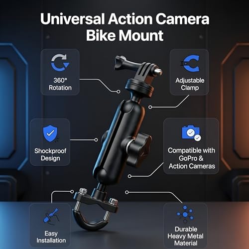 Image of 2025 Updated Action Camera Handlebar Mount | Metal Alloy Bike Camera Holder with Dual 360 Rotation | 1 /4 Inch Metal Screw Mount Compatible with GoPro, Insta360 & DJI Action Cameras