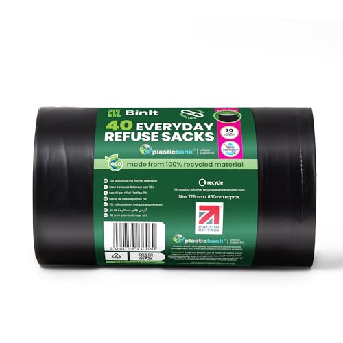 BIN IT 40 Everyday 70L Strong & Secure, Refuse Sacks, Bin Bags, Bin Liners, Flat Top, Recycled, Tear Resistant, 30 μm, Perfect for Everyday Use, Household, Office, Kitchen & Caterers