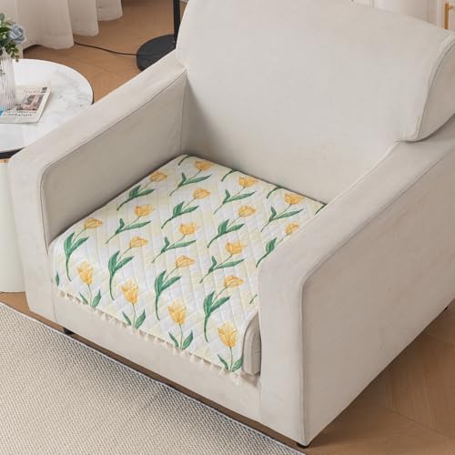 Image of HOKIPO Tulip Blossom Quilted Sofa Cover Mat with Tassels for 1 Seater 'Tassel Twigs' Series (IN-982-T4)