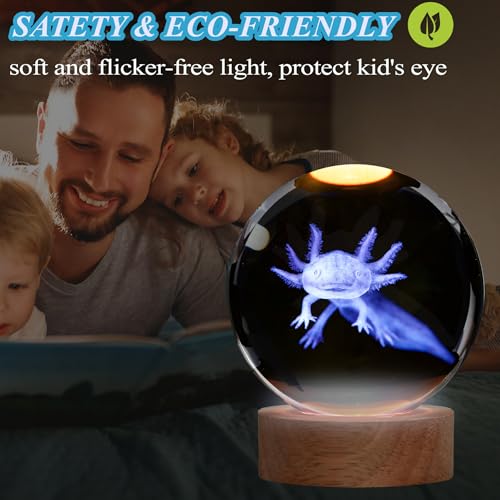 Image of Axolotl Night Light with Upgraded 3.15 Inch 3D K9 Crystal Ball, Axolotl Lamp with Remote 16 Color Gifting Box for Birthday Xmas Cool Axolotl Figurines Gifts for Room Decor Boys Girls