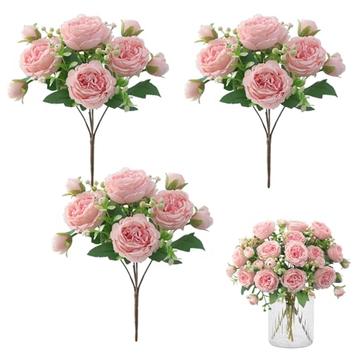 SMYJDMM Peony Artificial Flowers, 3 Bunches Realistic Flower Arrangements, Silk Peonies Bouquets for Table Centerpiece Wedding Garden Kitchen Party Home Decoration (Pink)