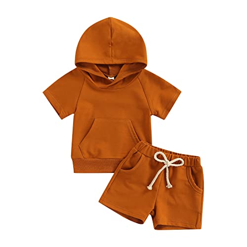 Image of LIOMENGZI Toddler Baby Boy Clothes Short Set Short Sleeve Hooded Patchwork Plaid Hoodie Top Solid Color Shorts Summer Outfit