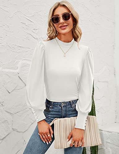 Qirno Ladies Long Sleeve Blouses Mock Neck Puff Sleeve Business Casual Tops Turtleneck Shirts Button Cuffs Tunic Tops Blouse White Large #TOP1