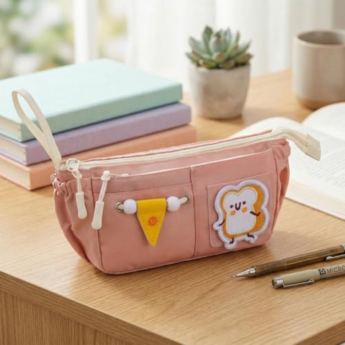 Image of Canvas School Bag Pencil Case, 3 Layer 6 Compartment Large Capacity, Aesthetic Pencil Pouch for Stationary, Cute Stationery for Kids, Pencil Case for Girls & Boys (Peach)