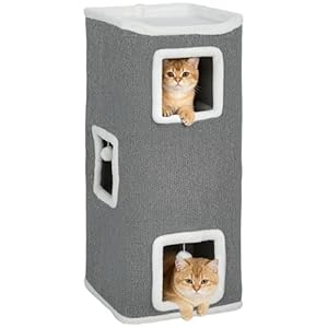 PawHut Kratztonne 100 cm Hoch 41 x 41 cm vierstöckige Katzentonne mit Spielball, Plüschrand, Katzenhöhle, Kratzbaum für 1-2 Katzen unter 7kg, Grau
