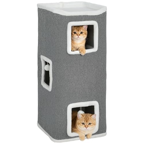 PawHut Kratztonne 100 cm Hoch 41 x 41 cm vierstöckige Katzentonne mit Spielball, Plüschrand, Katzenhöhle, Kratzbaum für 1-2 Katzen unter 7kg, Grau