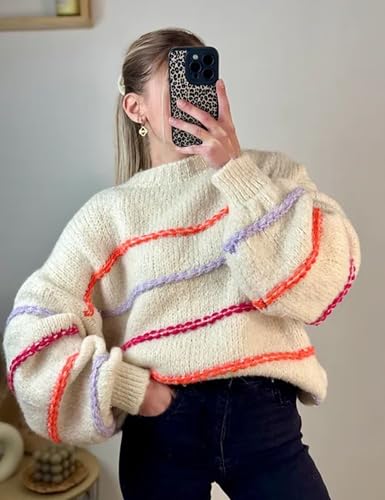 Image of QIBABU Womens Striped Sweaters Casual Lantern Sleeve Color Block Knit Pullover Sweater Tops