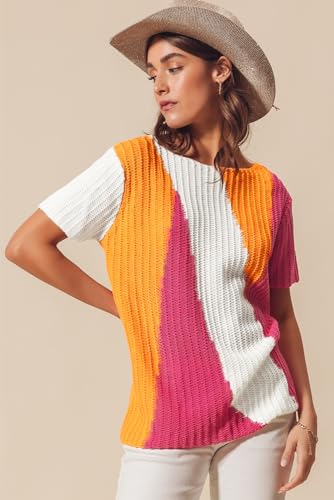 Fashionable Short Sleeve Sweater with Colorblock Design and Textured Fabric4