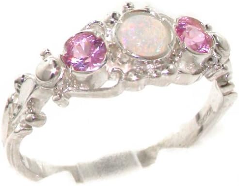 925 Sterling Silver Natural Opal and Pink Tourmaline Womens Trilogy Ring - Size 9.75