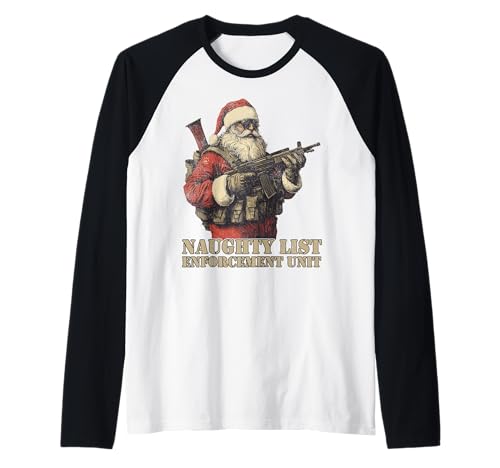Táctica Santa Naughty Lista Aplicación Navidad Camiseta Manga Raglan