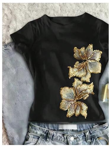 Image of RoseSeek Girl's Floral Graphic Crop Tops Tees Short Sleeve Crewneck Cute Slim Fit T Shirt Summer Tops