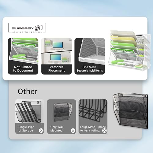 SUPEASY Wall File Organizer, 5-Tier Desk Organizer with 4 Pen Holders, Wall Organizer for Office with R-shaped Bottom Tray, Desk Organizers and Accessories for Office Supplies, Whi image 2