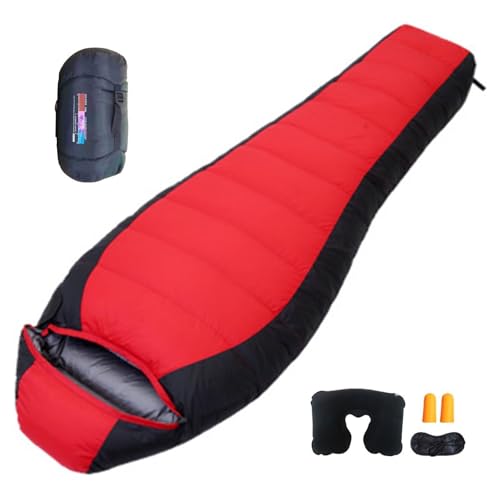 寝袋 冬用 ホワイトダックダウン90% -15℃の使用可能 、 シュラフ ダウン トラベルピロー アイマスク 耳栓 収納袋付 、 登山 車中泊 アウトドア用 キャンプ用,red-1000g