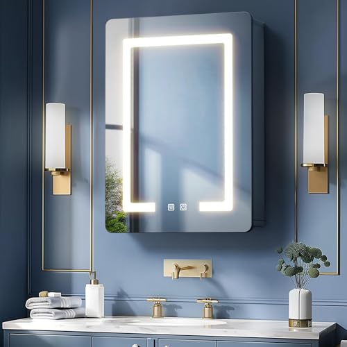LNZHAO Bathroom Mirror Cabinets with Led Lights Aluminum Alloy Wall Mounted Bathroom Cabinet Led Bathroom Mirror 3 Colors Anti Fog Adjustable Shelves Touch Sensor Concealed Storage