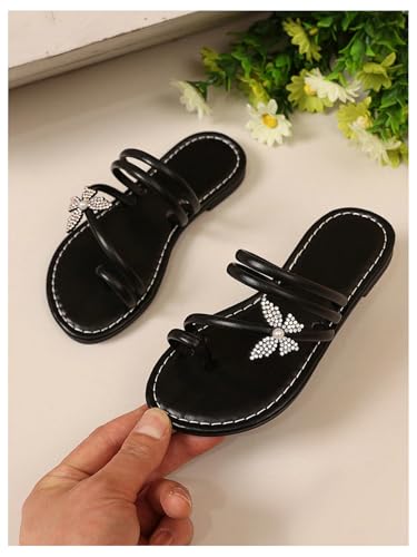 Image of GORGLITTER Girl's Strappy Leather Flats Sandal Cute Braided Dressy Toe Ring Slip on Slide Sandals