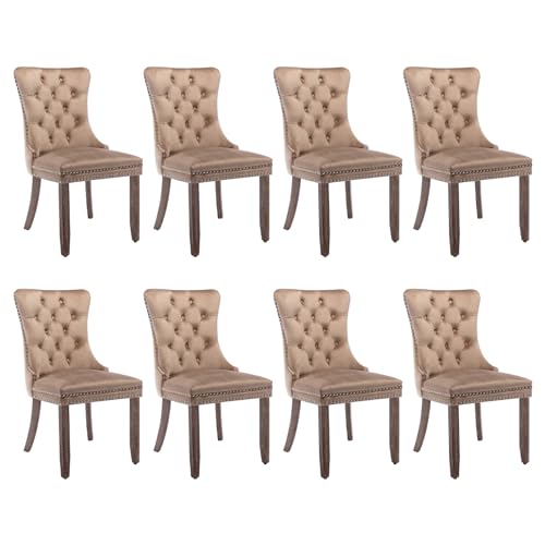 SoarFlash Juego de 8 Sillas de Comedor en Terciopelo, con Espaldar ala Acolchado, Remaches de Clavos, Forro Remachado, Aro Decorativo Trasero y Patas de Madera, Cáqui
