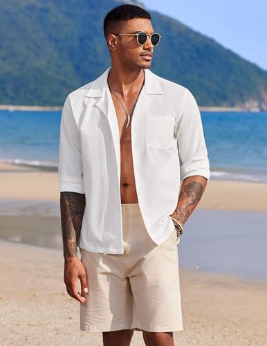 Image of DEELMO Mens Casual Button Down Shirt Summer Beach Shirts Long Sleeve Cuban Collared Tropical Textured Shirts