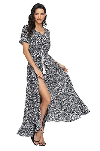 Image of VintageClothing Women's Floral Maxi Dresses Boho Button Up Split Summer Casual Long Dress Beach Party Dress