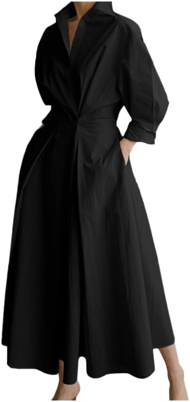 Women's Dresses Sunskirt Autumn Elegant Shirt Dress Solid Color Long Sleeve Girl's Casual High Waist Robe for Ladies Midi