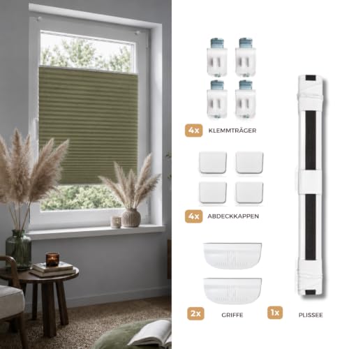 Home-Vision Premium Plissee ohne Bohren Klemmfix Olive B140 x H80cm – Ansicht 5