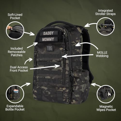 Image of Tactical Baby Gear Daypack Tactical Diaper Bag Backpack for Dads - MOLLE compatible, Built-in Changing Mat, Stroller Straps (Multicam Black 4th Gen)