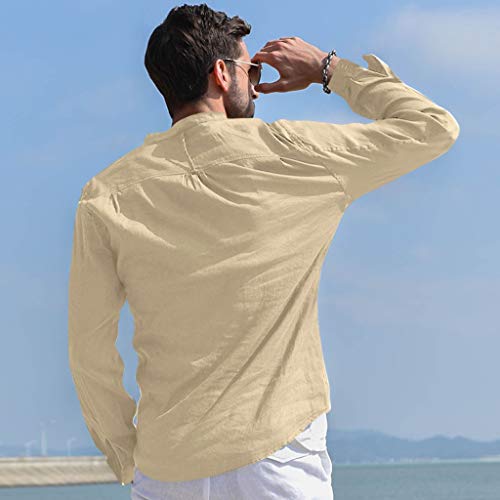 Camisetas de algodão com botão longo e manga sólida blusa retrô masculina de linho folgada blusa mas