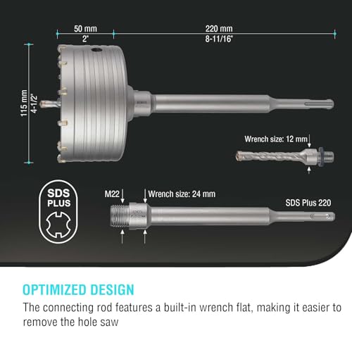 Image of BINOTA 115 mm (4-1 /2 inch) Concrete Hole Saw with SDS-Plus Shank | Tungsten carbide drill bit; SDS-Plus shank (220 mm); Cross-type center drill; Dry drilling for concrete /brick /stone /masonry