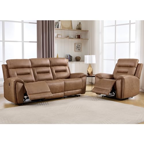Image of ANJ 2-Piece Oversied Faux Leather Power Recliner Sofa Set with Charging Ports, Include Single Recliner Chair and Electric 3-Seater Reclining Couches for Living Room, Brown