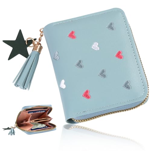 Hioip Cartera Pequeña Mujer, Monedero en Piel con Cremallera/Ranuras para Tarjetas Bloqueo RFID, Billetera Cartera Tarjetero Corta para Niñas y Niños (Azul)