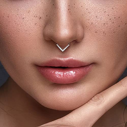 Missnity 16G 8Mm Septum Rings 316L Surgical Steel Hinged Nose Hoop Ring 16 Gauge Segment Septum Clicker Tear Drop Daith Earrings Body Piercing With Clear Cz, Silver #TOP4