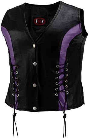 The Nekid Cow | Womens Premium Genuine Leather Motorcycle Ladies Lightweight Bikers Riding Vest with Front Lacing, Purple Accents- Satin Lined (5X)