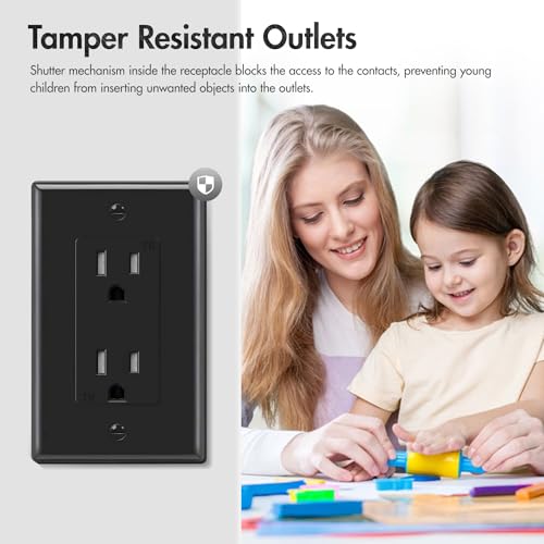 Micmi Decorator Receptacle Outlet, Tamper Resistant, Decorative Electrical Receptacle Outlet, 15Amp 125Volt, Grounding with Wall Plate UL Listed (50pack, Black, 15 Amp Outlet) by micmi - Used condition - Image 5