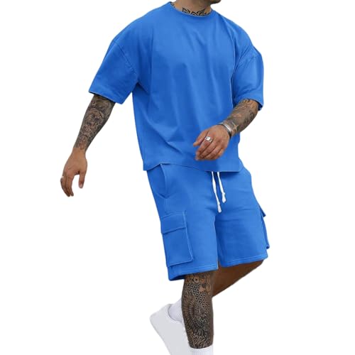 YSERB Men's 2 Piece Outfits Summer T Shirt & Cargo Shorts Sets Two Piece Casual Tracksuit Athletic Sportwear All-Day Comfort