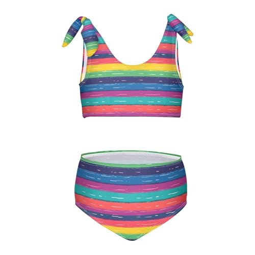 Rainbow Strip Girls Tankini Swim Set, Two Piece Swimsuits Summer Bikini Swimwear Set for Girls, 4T