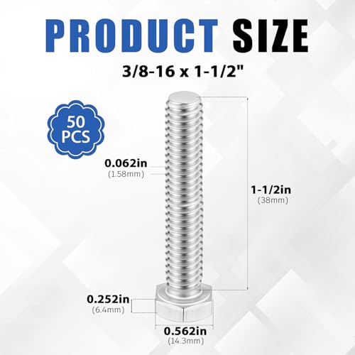 Image of Zonon 50 Pcs 3 /8-16 x 1-1 /2 inch Hex Head Screw Bolt 18-8 (304) Stainless Steel Hexagon Bolts, Fully Threaded, Plain Finish, External Hex Drive (Silver)