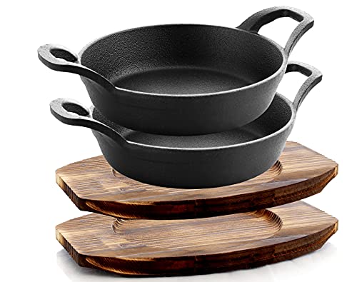 Bruntmor Mini Cast Iron Sizzler Plates Skillet Set Of 4. Round Fajita Plate With Wooden Base/Pan Tray Serving Sizzling Dish And Fajitas thumb #1
